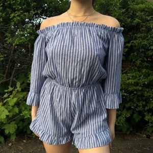 Blue & White Striped Off Shoulder Romper